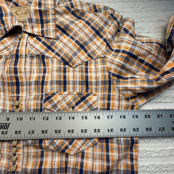 Scully Womens Top Medium Snap Button Up Shirt Plaid Yellow Blue Long Sleeve - Picture 6 of 7